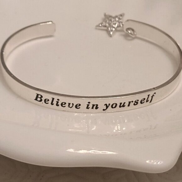 Silver Plated Affirmation Open Cuff Bangle Bracelet Star Charm - Picture 2 of 4